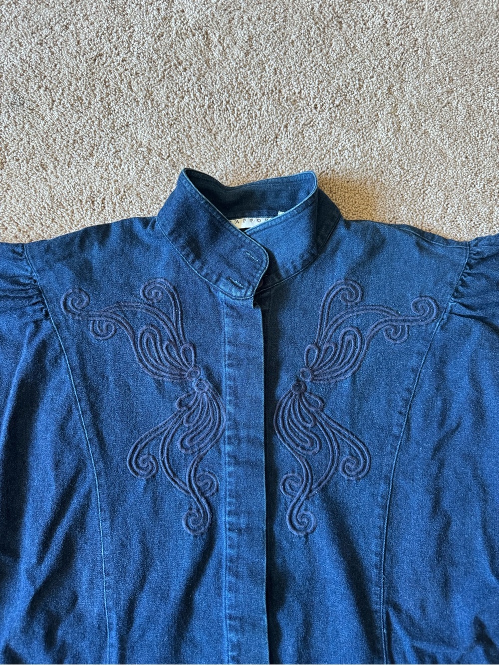 Vintage Women’s Large Rapport Denim Shirt With Stitched Design, Band Collar